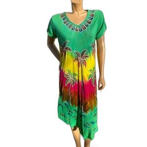 Anjli Hand Painted Palm Tree Summer Dress Beach Cover Up Hawaiian Large V Neck